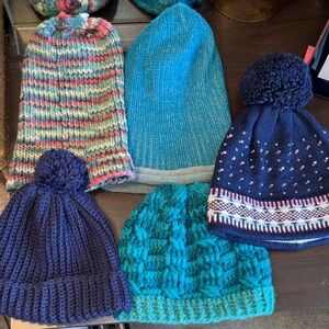 SET OF 5 Knit Beanies. Primary colors are blue teal and pink. Two are slouchy to